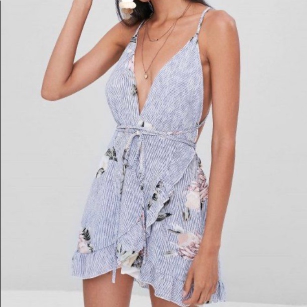 Floral Criss Cross Ruffles Mini Dress
